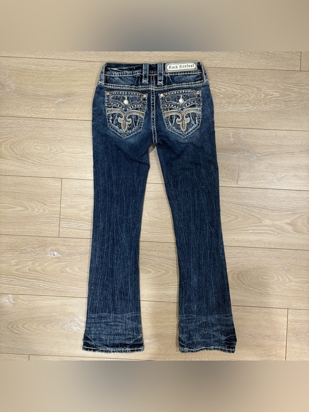 Rock Revival Celinda Bootcut Jeans Rhinestone Fleur De Lis Pocket Blue 24